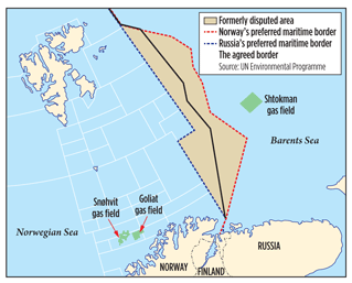 Map showing the new maritime border between Russia and Norway in the Barents Sea as well as the formerly disputed area.