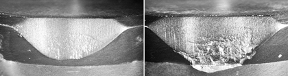 Fig. 5. Side-by-side comparison of an Onyx II (left) and Onyx cutter shows less chipping and degradation of the new cutter’s diamond after 300 passes on a granite block. Photo courtesy of Smith Bits, a Schlumberger company. Fig. 5. Side-by-side comparison of an Onyx II (left) and Onyx cutter shows less chipping and degradation of the new cutter’s diamond after 300 passes on a granite block. Photo courtesy of Smith Bits, a Schlumberger company.