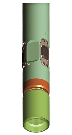 Fig. 5. Close-up of steering ribs and bit box of 3-in. rib-steered motor (RSM).assembly. Fig. 5. Close-up of steering ribs and bit box of 3-in. rib-steered motor (RSM).assembly.