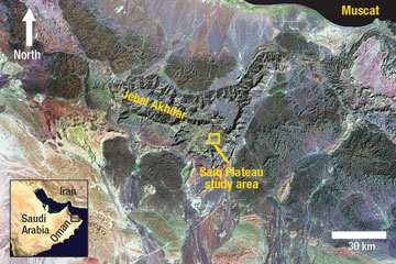 Landsat satellite image of North Oman showing Jebel Akhdar, including the Saiq Plateau study area. 