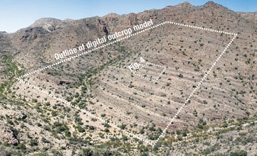 Photograph of the study area illustrating typical layered strata. The view is northwest. Height of the outcrop is about 200 m around an elevation of 2,100 m. 