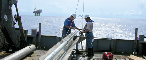 Seabed coring operations for the University of Utah Surface Geochemistry Calibration field study conducted in August 2006 over Anadarko’s Marco Polo field in the Gulf of Mexico, Green Canyon block 608.