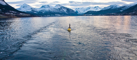 View from the back deck of the vessel during a source deployment test offshore Norway prior to the towed EM survey. The locations of the two source electrodes (towed 10 m below the surface) are indicated by the floats, which are loaded with GPS equipment to accurately position the source during the survey.