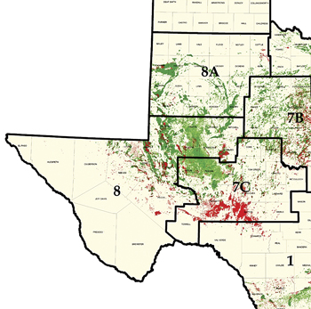 Fig. 1. The Texas Permian basin lies generally in Railroad Districts 7C, 8 and 8A.