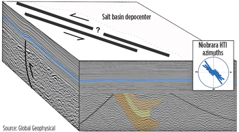 Fig. 5.  Global Geophysical says its multi-client 3D survey offers the potential to combine azimuthal anisotropy results with an analysis of the regional structural framework, basement and salt deformation, and stress field. 