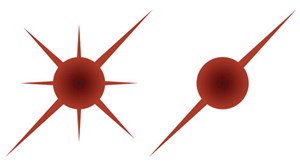 Fig. 1. A typical multi-radial propellant fracture pattern (left) vs. a typical bi-radial hydraulic fracture pattern (right).