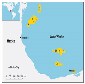 Fig. 3. Shell became a major player in Mexico’s offshore sector, when the firm won nine blocks in the second deepwater offering. Map: Shell.