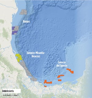 Fig. 8. Mexico’s latest lease sale offered shallow-water  contracts in three GOM sectors. Map: National Hydrocarbons Commission (CNH).