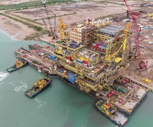 Fig. 9. Last November, Pemex’s PG-Abkatum-A2 production platform left McDermott’s fabrication yard in Altamira, Tamaulipas, Mexico, and sailed to the Bay of Campeche for installation during first-quarter 2019. Image: McDermott.