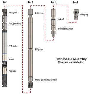 Fig. 3. The retrievable assembly integrates the plug arm, wet-connect system, PMM, seal, and downhole sensor with industry-standard ESP components.