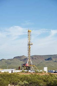 Fig. 1. A rig contracted to Apache Corporation working in the firm’s Alpine High play, near the town of Pecos in Reeves County, Texas. Photo: Apache Corp.