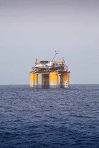 Fig. 2. The Hess Corporation Stampede deepwater GOM platform, in 3,500 ft of water, producing hydrocarbons from a reservoir depth of 30,000 ft. Photo: Hess Corp.