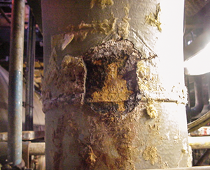 Fig. 2. CUI is particularly difficult to detect, because the surrounding insulation or heavy coating conceals the problem. The image below shows CUI after insulation removal.