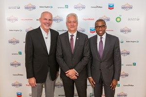 Fig. 1. Jeff Shellebarger (Chairman WPC organizing committee), Tor Fjaeran (President WPC) and Uwem Ukpong (Executive V.P. global operations, Baker Hughes (l-r) at WPC’s launch event held on December 10, downtown Houston. The briefing covered the significance of the WPC and provided an update on the Congress program, in addition to key perspectives from presenting sponsors.
