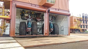 Fig. 4. Motorized transporters ready to move the drilling module in two loads, if necessitated by weight restrictions.