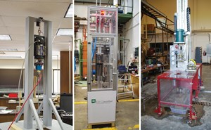 Fig. 1. Drillbotics miniature rigs built by 2018 teams (Left to Right) from Texas A&amp;M University, Clausthal University of Technology (TUC), and The University of Oklahoma. Image: Drillbotics.