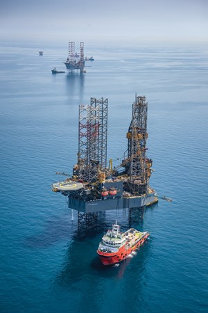 Fig. 2. Saudi Arabian activity will be a significant component of Middle Eastern drilling during 2020, as illustrated by this scene of jackup rigs at work in Hasbah field. Image: Saudi Aramco.
