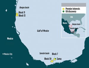 Fig. 4. Premier Oil holds a significant amount of interest in Mexico’s offshore. Specifically, it holds interest in Block 30 in the Sureste basin and Blocks 11 and 13 in the Burgos basin. Source: Premier Oil.