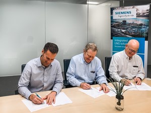 Fig. 2. Matthew Russell (Siemens executive V.P., LNG) joins Tommy Hudson (G2 Net-Zero LNG CEO) and Kyle Simpson (G2 Net-Zero LNG chief strategy officer) signing an MOU to provide technical and engineering support to G2 Net-Zero LNG.