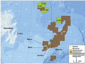 Fig. 6. BP plans to drill exploration wells in four of nine parcels in which it holds an interest offshore NL. Map: BP.