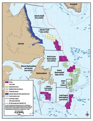 Fig. 7. License tract status offshore NL. This year’s bidding round tracts are in yellow. Map: C-NLOPB.