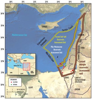 Regional geology of the Levant basin and the Nile Delta Cone. Source: USGS.