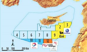 Offshore lease blocks awarded by the Cypriot government. Noble Energy discovered Aphrodite field in Block 12. Total’s exploration in adjacent blocks has been unsuccessful. The Eni-Kogas JV driled its first well last year, but failed to make a discovery.