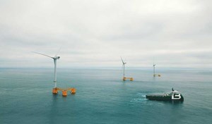 Fig. 4. In June 2020, after supplying and installing the mooring lines, the third 8.4-MW floating wind turbine was towed into place and connected on the WindFloat Atlantic project. These units are the most powerful floating wind turbines ever installed.