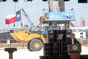 Fig. 3. President Trump gave a nearly half-hour speech, with Latshaw Drilling Rig 43 as a backdrop. Photo by Bob Daemmrich, courtesy of Latshaw Drilling Company.