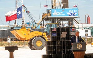 Fig. 3. President Trump gave nearly a half-hour speech, with Latshaw Drilling Rig 43 as a backdrop. Photo by Bob Daemmrich, courtesy of Latshaw Drilling Company.