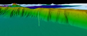 3D bathymetry rendering showing a water column anomaly indicative of active gas seepage from Fugro’s 2019 seep hunting project for PETRONAS offshore Sarawak, Malaysia.
