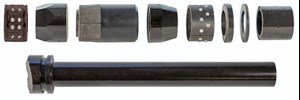 The individual components making up the TruFrac plug, include (top, L to R): Lower slip, lower cone, molded element system, upper cone and upper slip assembly. Bottom: The composite mandrel with beveled mule shoe.