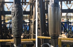 Fig. 1. Uncoated (left) and NanoPlex<sup>®</sup> (right) sucker rod couplings after 10 months of service in high H<sub>2</sub>S and CO<sub>2</sub> wells.