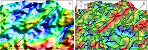 High-Resolution magnetic data processing indicating a deep sedimentary basin within the license area. A) Upward continuation at 3km with interpreted structures. B) Depth to basement from SPI algorithm.