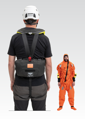 The VIKING YouSafe™ Walk to Work is a one-size immersion suit airtight packed into a bag that is attached to the user’s lifejacket instead of being worn during the transfer between support vessels and offshore installations.