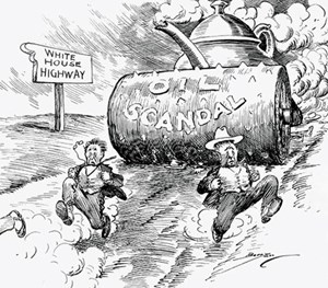 The Teapot Dome scandal rolling toward the White House. Period cartoon printed in the Great Falls Tribune, Great Falls, Montana, 1924.