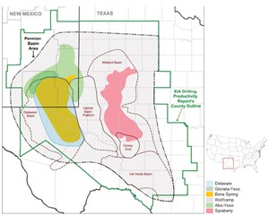 Fig. 1. Map of oil producing formations, geologic features and subbasins in the greater Permian area. Source: EIA, USGS, UT Bureau of Economic Geology and Drillinginfo. Note: Wolfcamp is found throughout the entire Permian basin area. https:&#x2F;&#x2F;www.eia.gov&#x2F;todayinenergy&#x2F;detail.php?id=17031