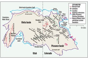 Fig. 5. Major structural features and igneous intrusions in the Uinta-Piceance province. Source: U.S. Geological Survey.