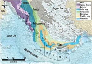 A composite map of the geotectonic zones of the Hellenides, Mediterranean Ridge and KTF. The 20 blocks for the Second Offshore Licensing Round are outlined in black. The North Ionian region covers Blocks 1 through 7, Central Ionian covers Blocks 8 through 10, and South Greece covers Blocks 11 through 20.3,4,5
