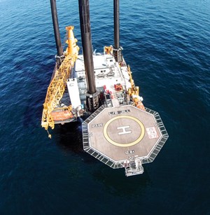A drone provides an aerial view of the Montco L&#x2F;B Jill, which is working under a decommissioning contract on the Gulf of Mexico shelf.