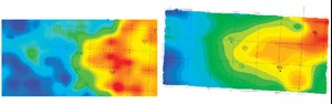 Resistivity (left) and induced polarization (right) maps, relative to the A1-A2 reservoir layer. Blue&#x2F;green corresponds to water and yellow&#x2F;red to oil.2