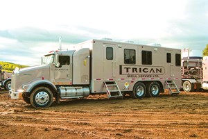 Data acquisition and control van for hydraulic fracturing operations, complete with satellite communication equipment. Courtesy of Trican.