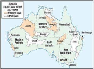 Most of Australia’s identified 437 Tcf and 18 Bbbl of shale gas and oil, respectively, are locked in six key basins. Map: U.S. Energy Information Administration (EIA) and Advanced Resources International Inc. (ARI).