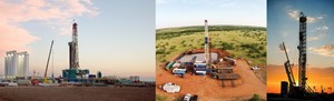 One of the four horizontal and five vertical rigs that Encana is running on its recently acquired Midland basin leasehold. Photo: Gaylon Wampler for Encana (left). Aerial view of the Barker Trust No. 1 vertical well. Photo: Patriot Energy Inc. (center). Apache is operating 10 rigs in the Permian basin, including this unit drilling on the McElroy unit in Crane, Texas. Photo: Apache Corp.