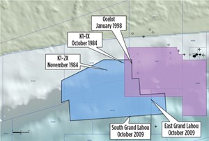 Map of central offshore Cote d’Ivoire, showing the location of the recently reprocessed, multi-client, 3D seismic survey (blue), adjacent to a more recent PGS multi-client 3D survey (pink). Also shown are the five wells drilled on the area covered by the reprocessed dataset (block and well data courtesy of PetroView.)