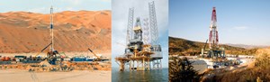 Saudi Aramco has budgeted $50 billion to double crude oil and liquids production from Shaybah field (left). Rowan Company’s Bob Palmer jackup rig drilling an offshore prospect for Saudi Aramco (center). Abu Dhabi’s TAQA rig making hole in Atrush field of Kurdistan.