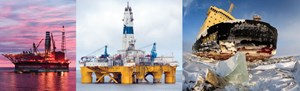 Two production wells are in operation at Prirazlomnoye field, the only field on the Russian Arctic Shelf, from which oil is being produced. Image: Gazprom Neft (left). Shell called off exploration offshore Alaska, after its Burger J well failed to encounter significant volumes of hydrocarbons. Image: Shell (center). And Gazprom Neft made its first winter shipment of oil from Novoportovskoye field earlier this year. Sixteen-thousand tonnes of oil were shipped to European consumers by an oil tanker, which was escorted by an atomic icebreaker. Image: Gazprom Neft (right).