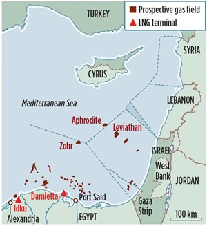 Fig. 1. Map showing major discoveries and productive fields offshore Egypt, Israel and Cyprus.