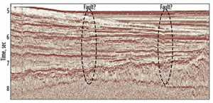 Fig. 1. This original UT stack section shows a number of vertical discontinuities that could be interpreted as faults.