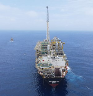 Fig. 2. The FPSO Guanabara, operated by Petrobras, is now on station at Mero field in the pre-salt offshore Brazil. It is slated to begin producing during first-half 2022. Image: Petrobras.